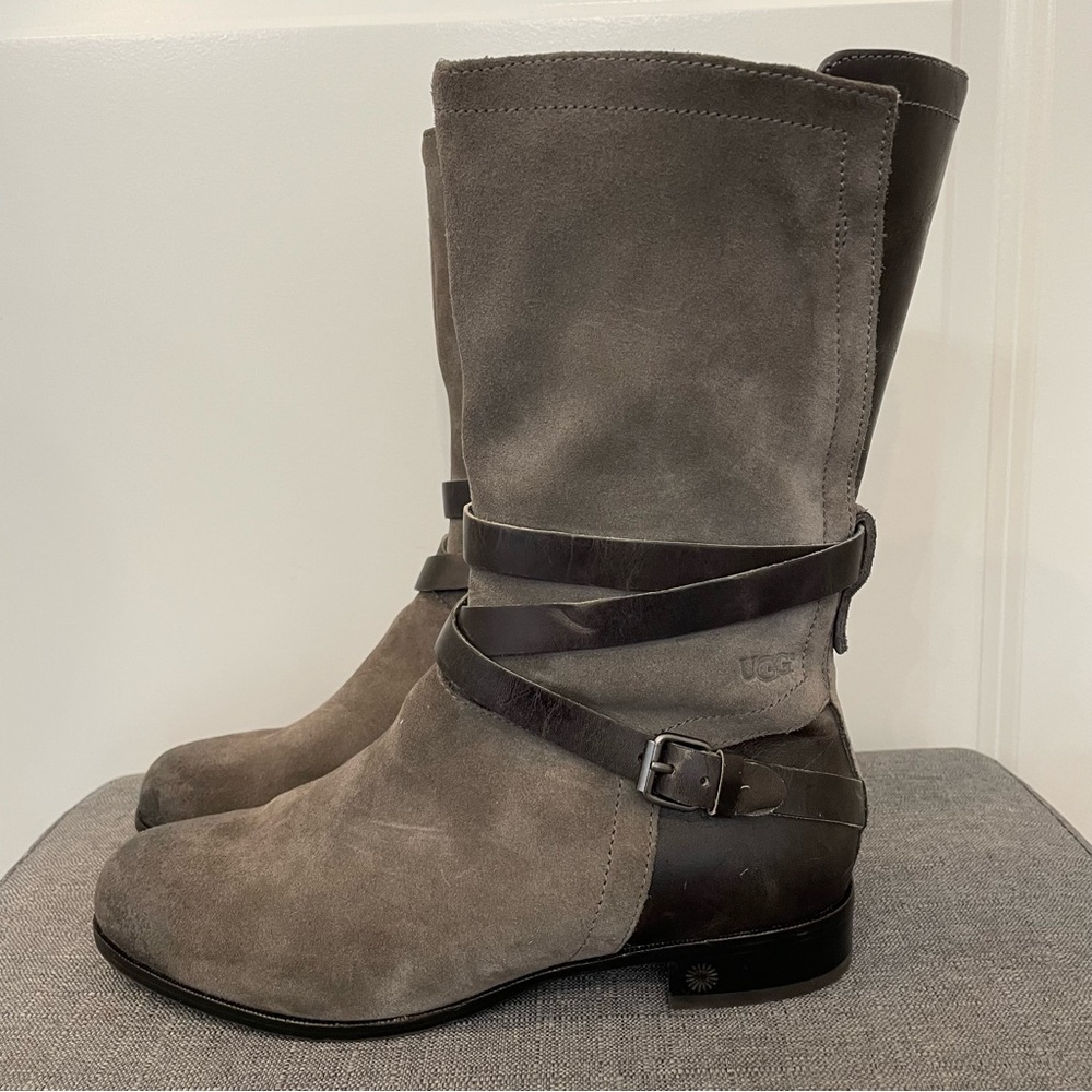 UGG Deanna Mid Calf Suede Leather Moto Boots - Gray, Size 7.5